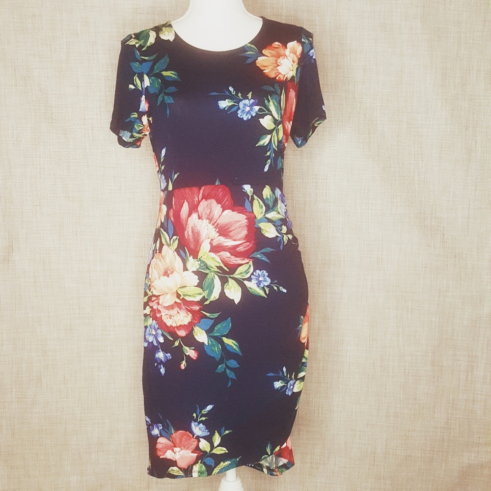 Bodycon Navy Floral Faux Wrap Dress, Ruched, NWT